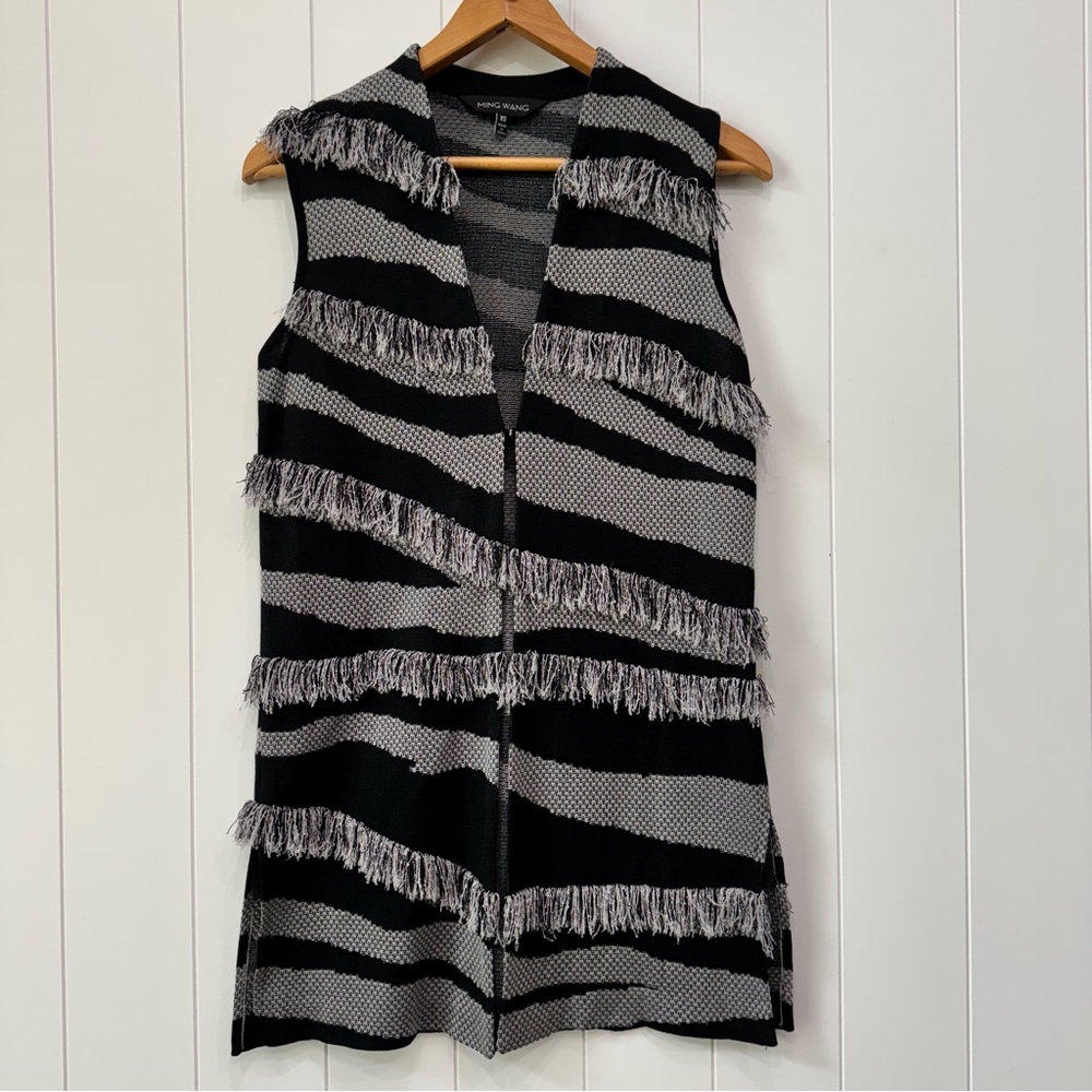 Ming Wang Zebra Animal Print Asymmetrical Fringe Vest Cardigan Black and Gray XS